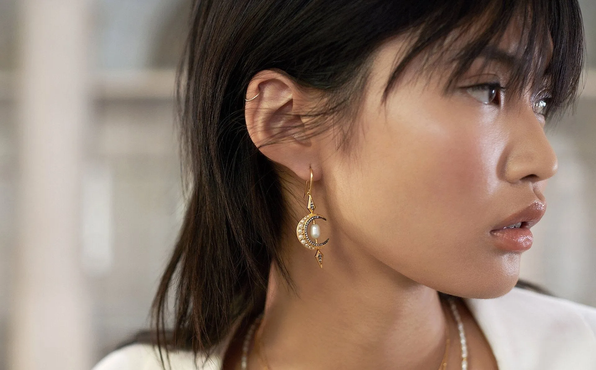 Harris Reed Crescent Moon Pearl Earrings | 18ct Gold Vermeil/Pearl