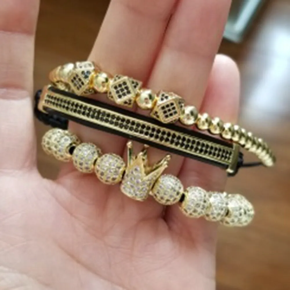 Luxury Men Bead Bracelet Jewelry Charm 6MM Micro Pave CZ Ball Macrame Handmade Bangles