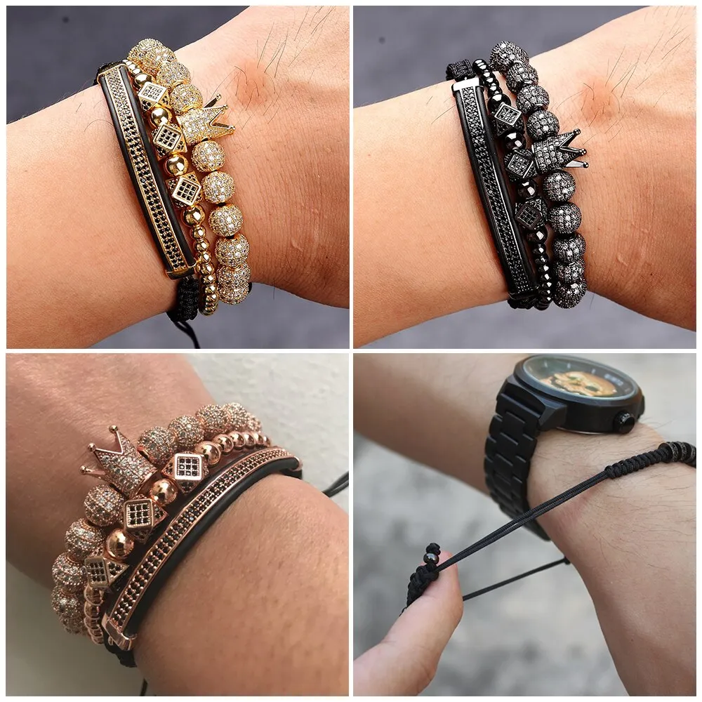 Luxury Men Bead Bracelet Jewelry Charm 6MM Micro Pave CZ Ball Macrame Handmade Bangles