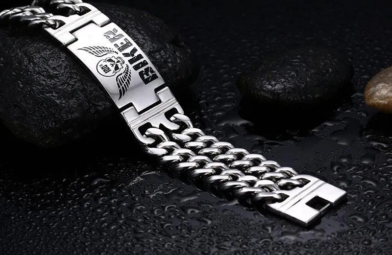 Men Biker Bracelet 316L Stainless Steel Skull Double Chain