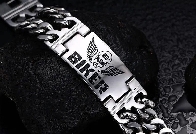 Men Biker Bracelet 316L Stainless Steel Skull Double Chain
