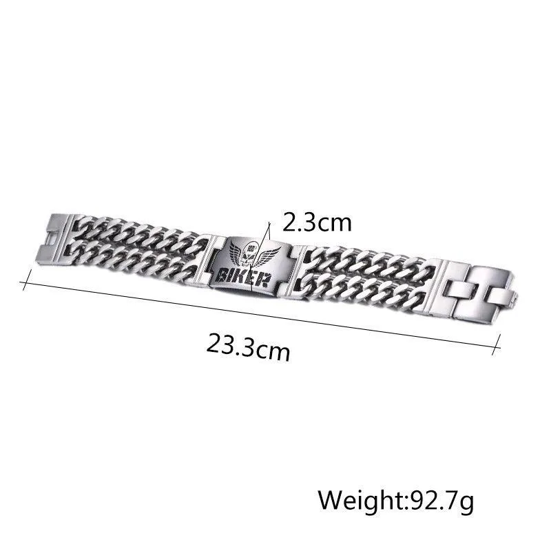 Men Biker Bracelet 316L Stainless Steel Skull Double Chain