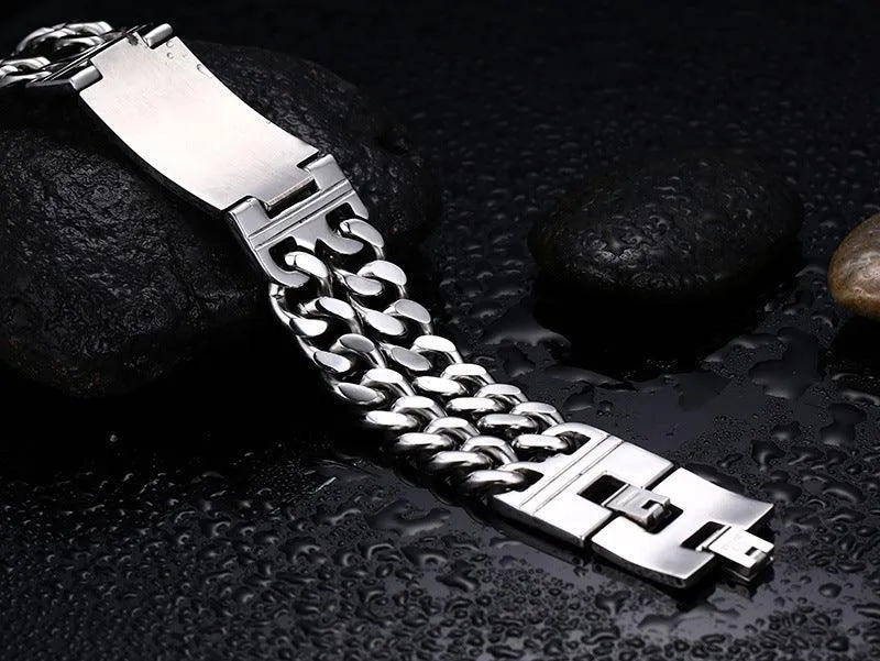 Men Biker Bracelet 316L Stainless Steel Skull Double Chain