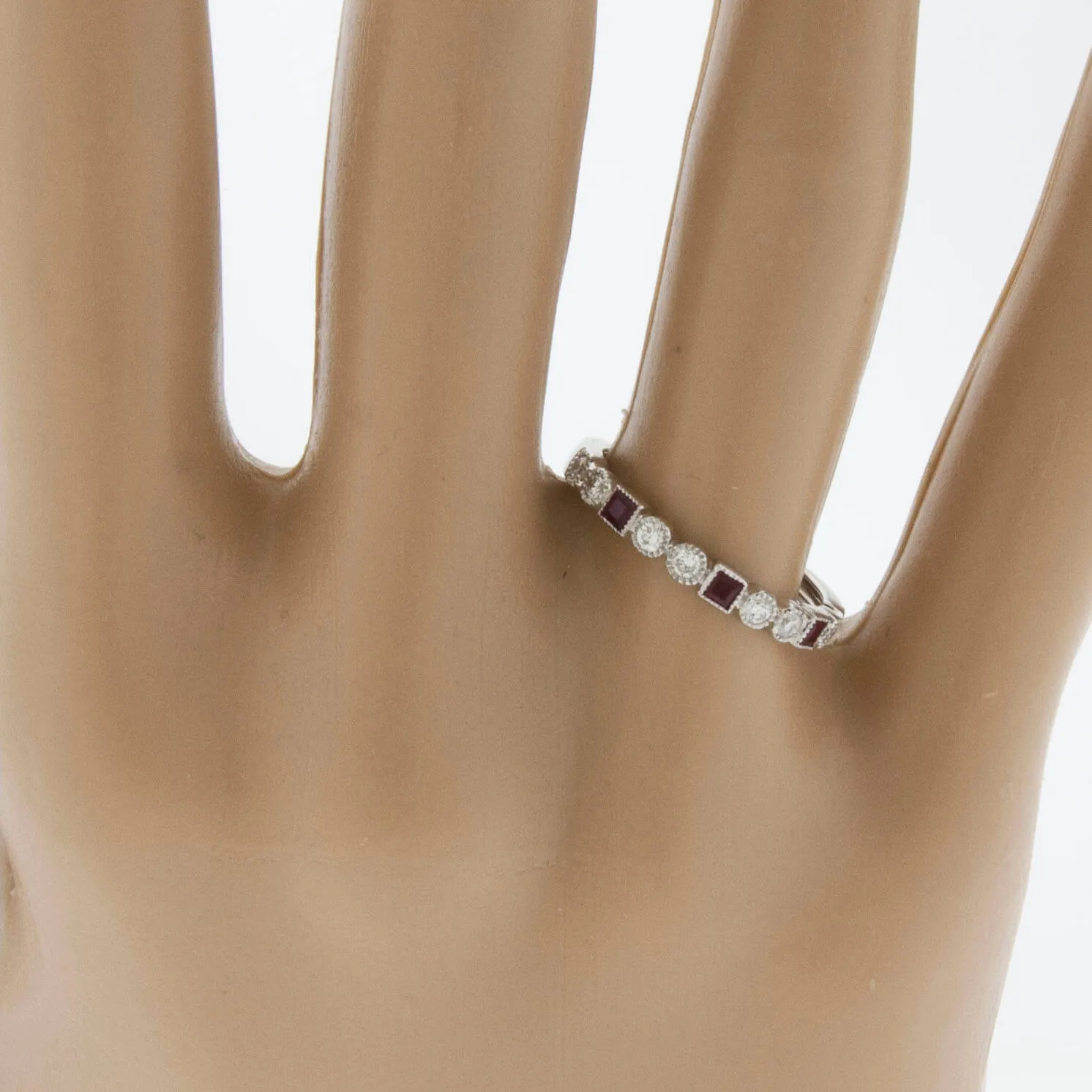 Princess Cut Ruby & Round Diamond Milgrain Style Stackable Band