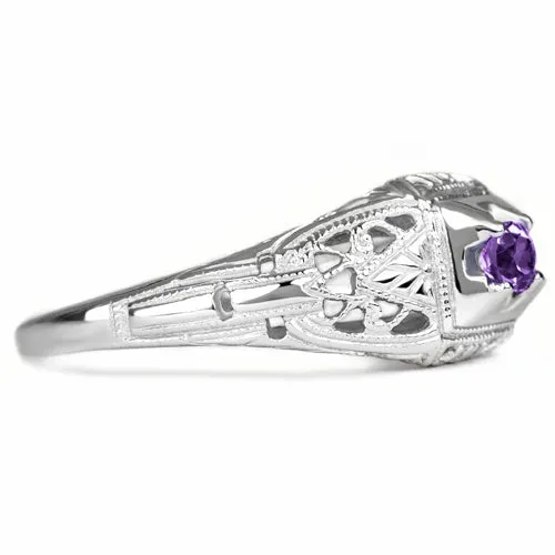 PURPLE AMETHYST STERLING SILVER VINTAGE STYLE COCKTAIL RING FILIGREE PROMISE