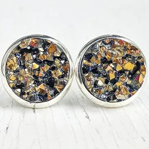 Pyrite on Silver - Druzy Stud Earrings - Hypoallergenic Posts