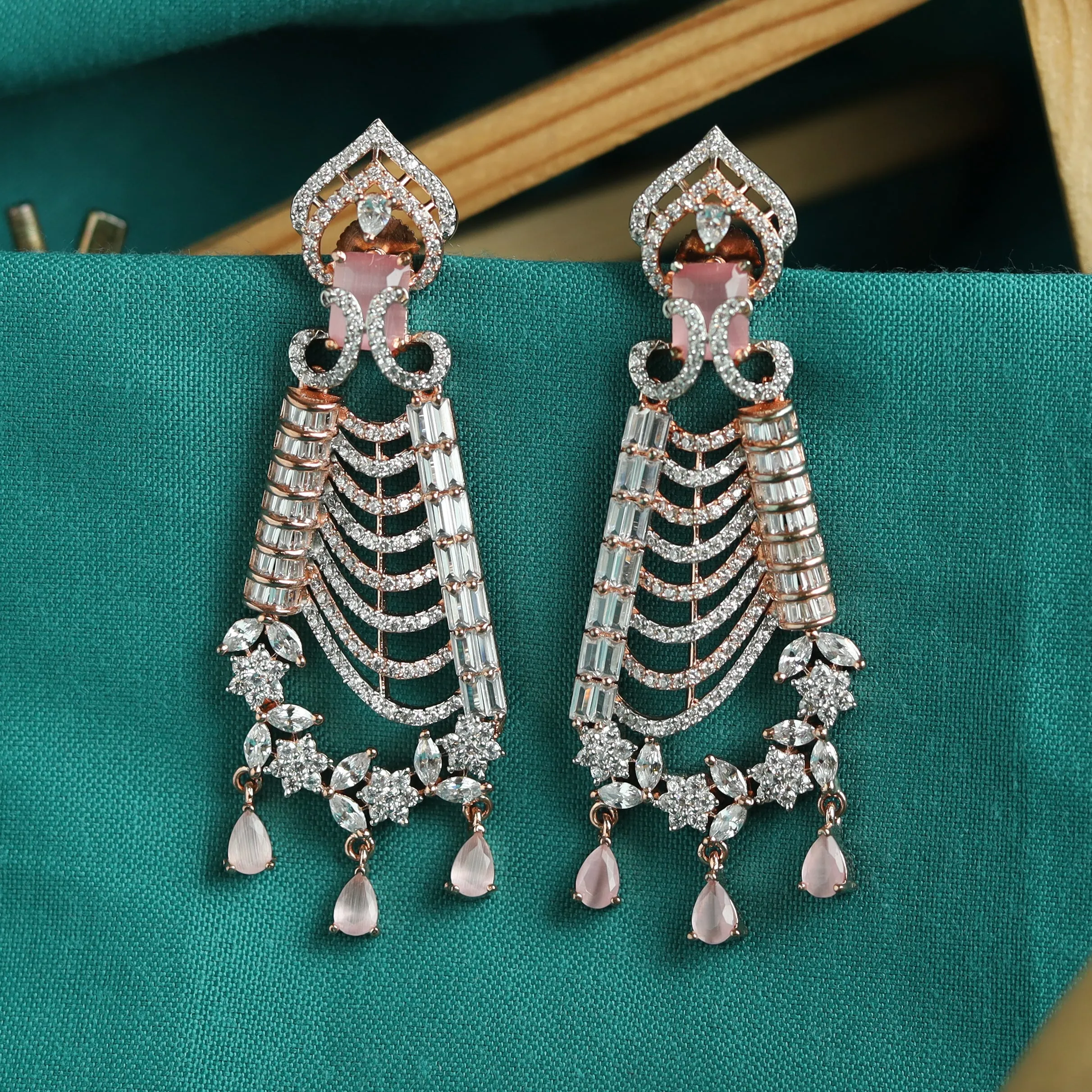 Rose Gold Plated Zircon/AD Danglers Earring 19347-6529