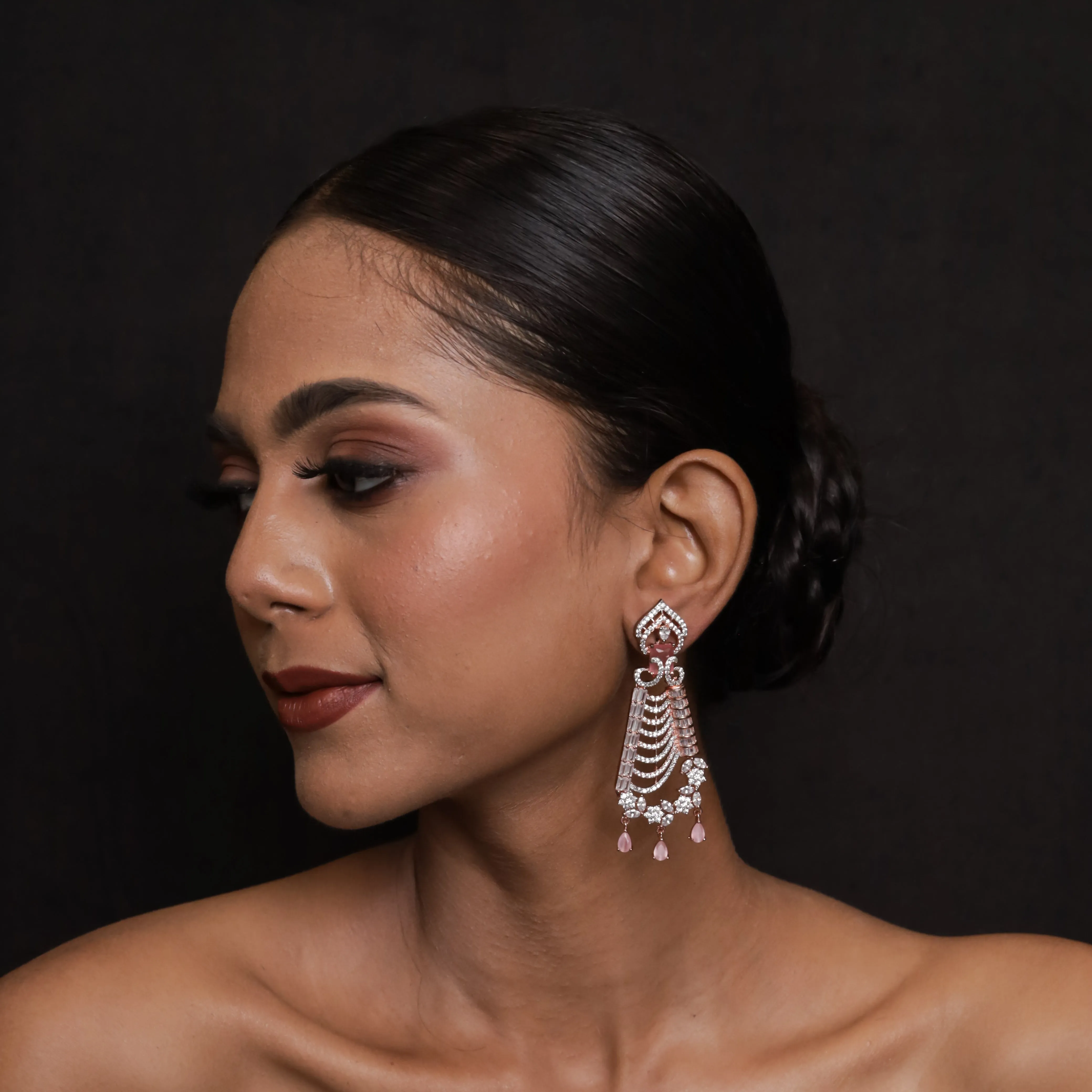 Rose Gold Plated Zircon/AD Danglers Earring 19347-6529
