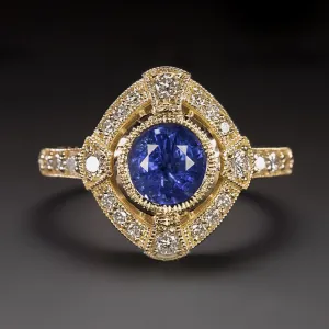 SAPPHIRE DIAMOND COCKTAIL RING VINTAGE STYLE ART DECO HALO 14k YELLOW GOLD ROUND