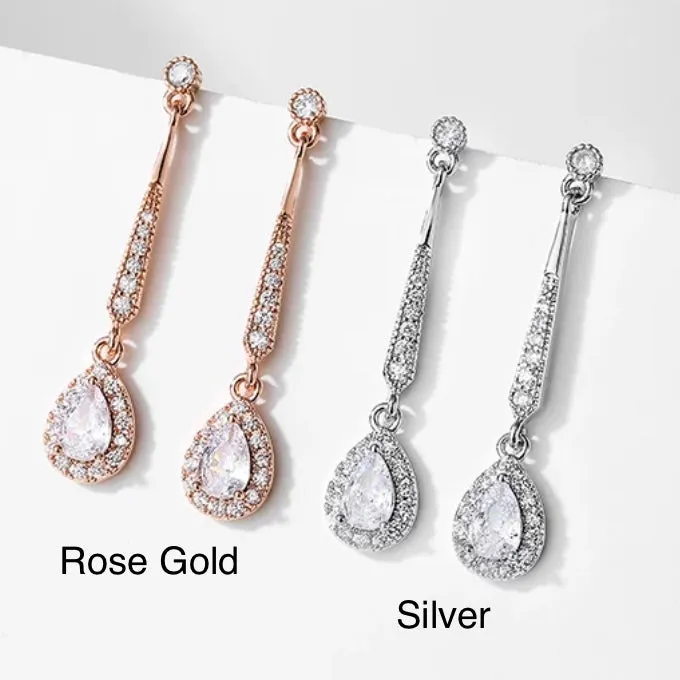 Silver Color Cubic Zircon Long Drop Earrings with Pear Shaped Stone