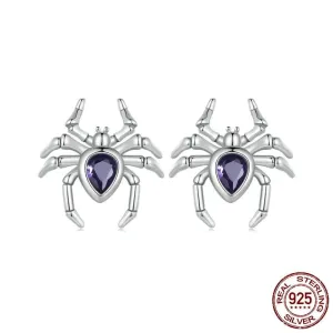 Silver Spider Stud Earrings with Purple Zircon Pave Setting