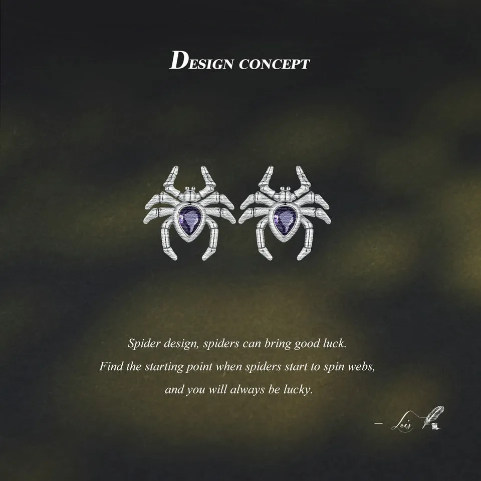 Silver Spider Stud Earrings with Purple Zircon Pave Setting