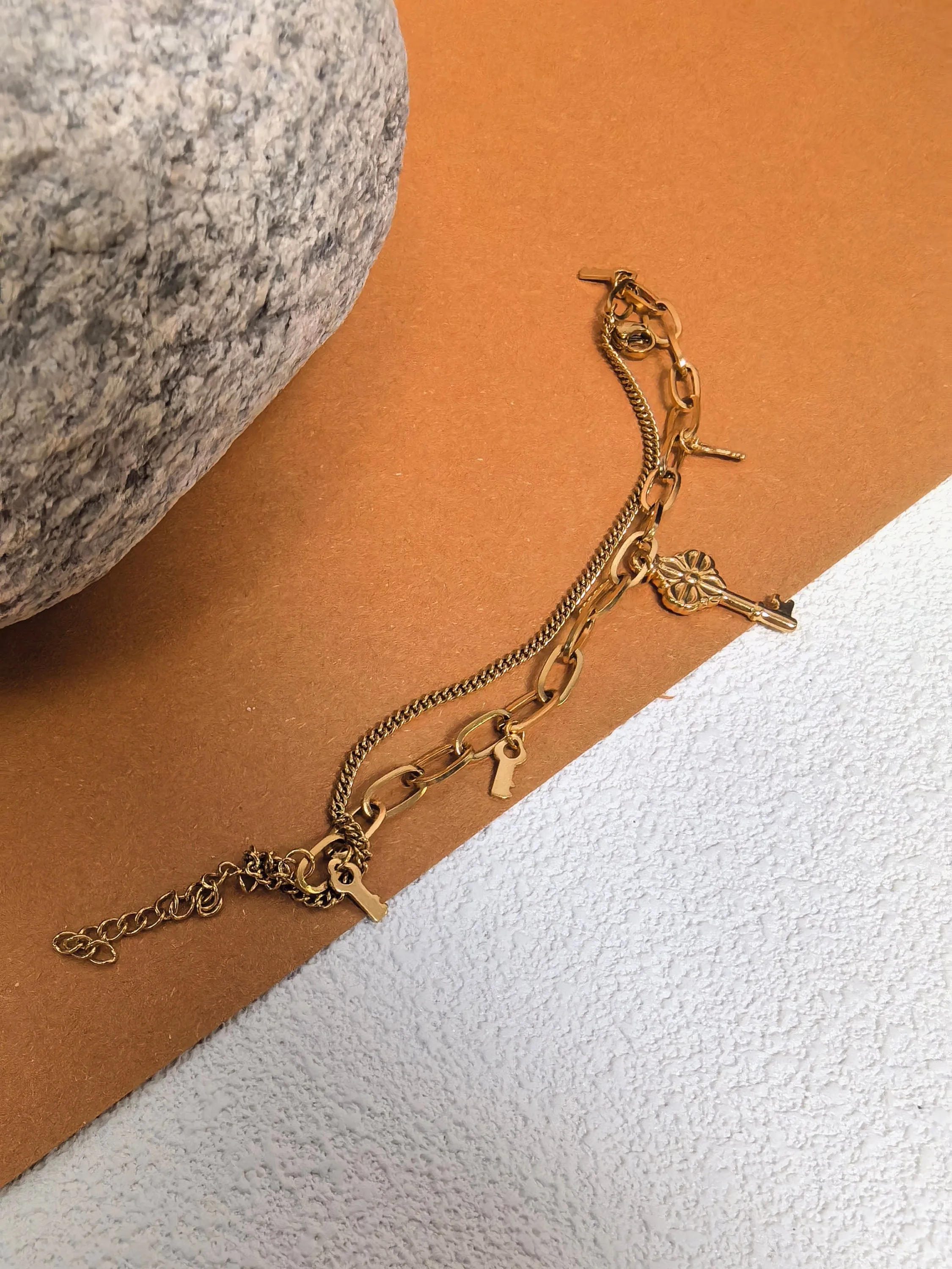 Titanium Steel Gold Key Chain Link Charm Layered Bracelet