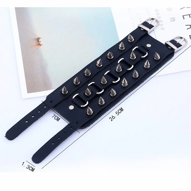 Unique Three Row Cuspidal Spikes Rivet Stud Wide Cuff / Gothic Leather Bracelet