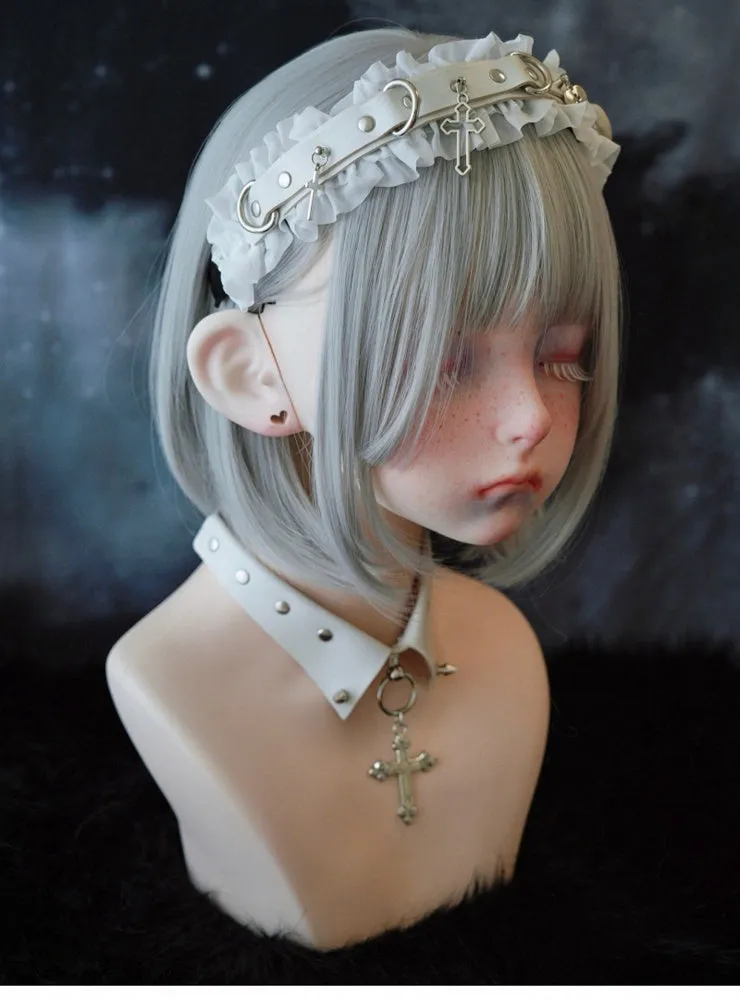 White Gothic Cross Stud Ring Buckle Ruffled KC