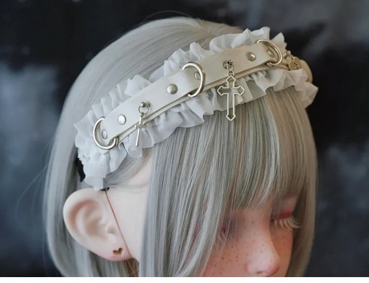 White Gothic Cross Stud Ring Buckle Ruffled KC