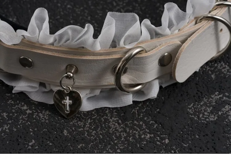 White Gothic Cross Stud Ring Buckle Ruffled KC