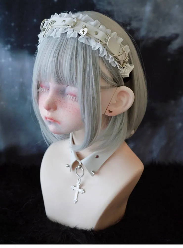 White Gothic Cross Stud Ring Buckle Ruffled KC