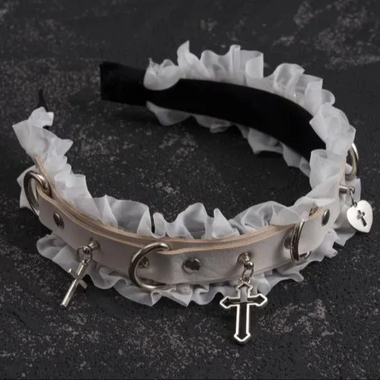 White Gothic Cross Stud Ring Buckle Ruffled KC